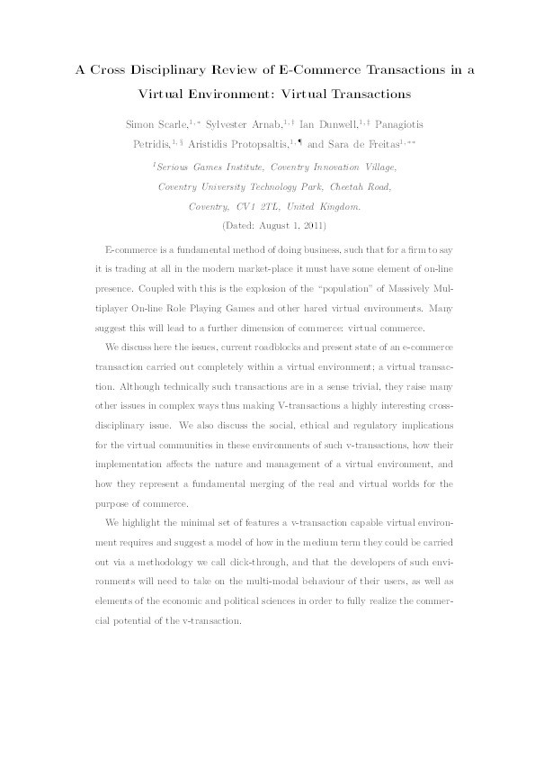 E-commerce transactions in a virtual environment: Virtual transactions Thumbnail