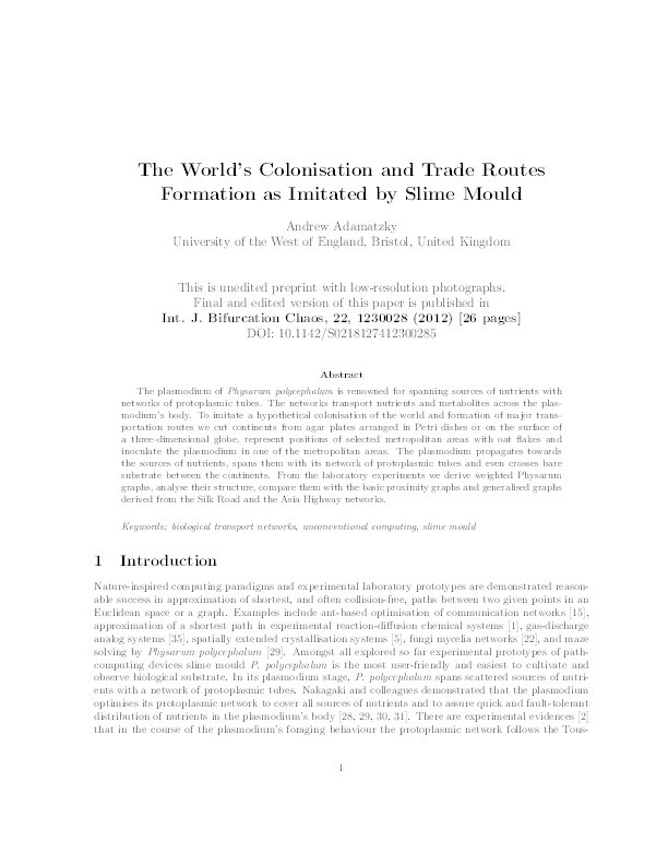 The world's colonization and trade routes formation as imitated by slime mould Thumbnail