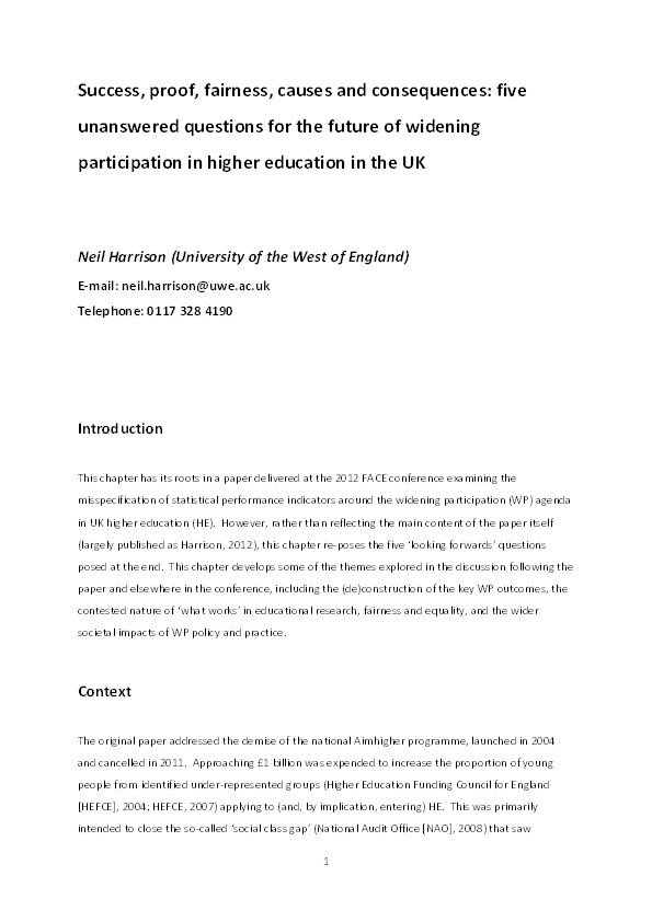 Implementing and measuring widening participation in the post-2012 higher education world Thumbnail