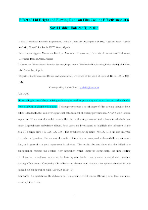 Effect of lid height and blowing ratio on film cooling effectiveness of a novel lidded hole configuration Thumbnail