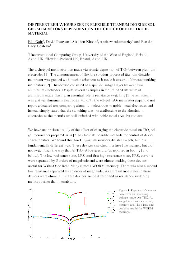 Different behaviour seen in flexible titanium dioxide sol-gel memristors dependent on the choice of electrode material Thumbnail