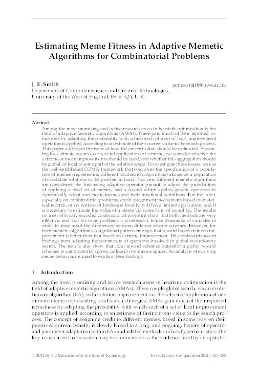 Estimating meme fitness in adaptive memetic algorithms for combinatorial problems Thumbnail