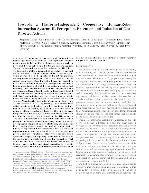 Towards a Platform-Independent Cooperative Human Robot Interaction System: III. An Architecture for Learning and Executing Actions and Shared Plans Thumbnail