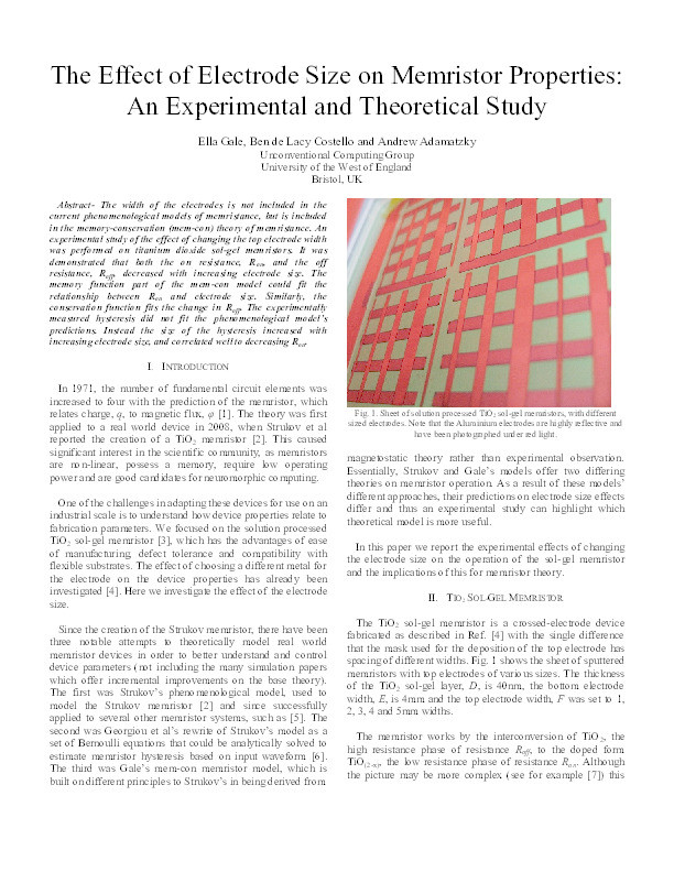 The effect of electrode size on memristor properties: an experimental and theoretical study Thumbnail