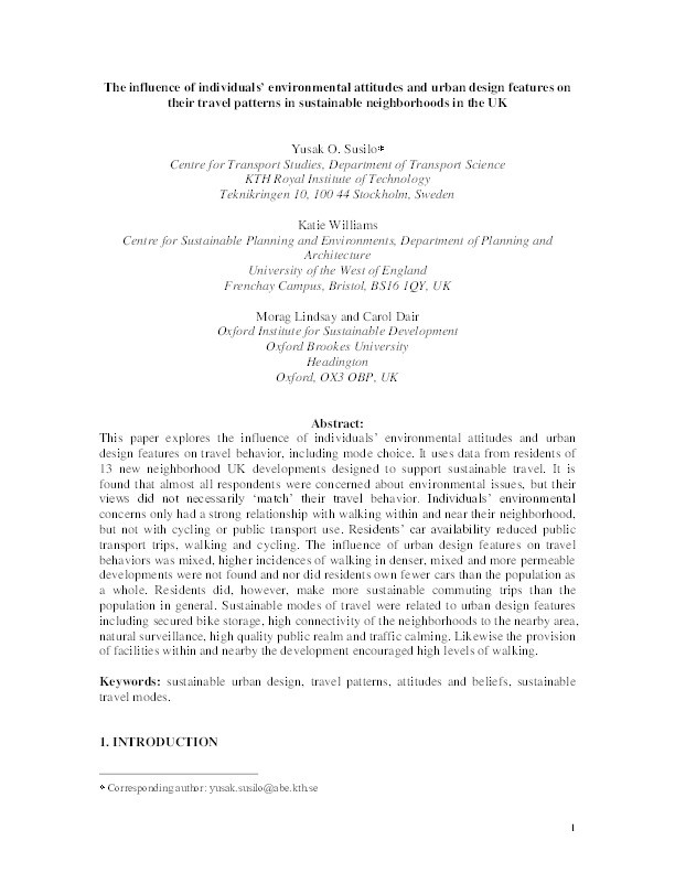 The influence of individuals' environmental attitudes and urban design features on their travel patterns in sustainable neighborhoods in the UK Thumbnail