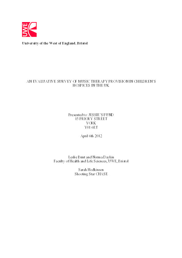 An evaluative survey of music therapy provision in children's hospices in the UK Thumbnail