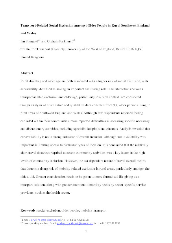 Transport-related social exclusion amongst older people in rural Southwest England and Wales Thumbnail