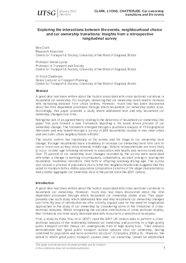 Exploring the interactions between life events, neighbourhood choice and car ownership transitions: Insights from a retrospective longitudinal survey Thumbnail