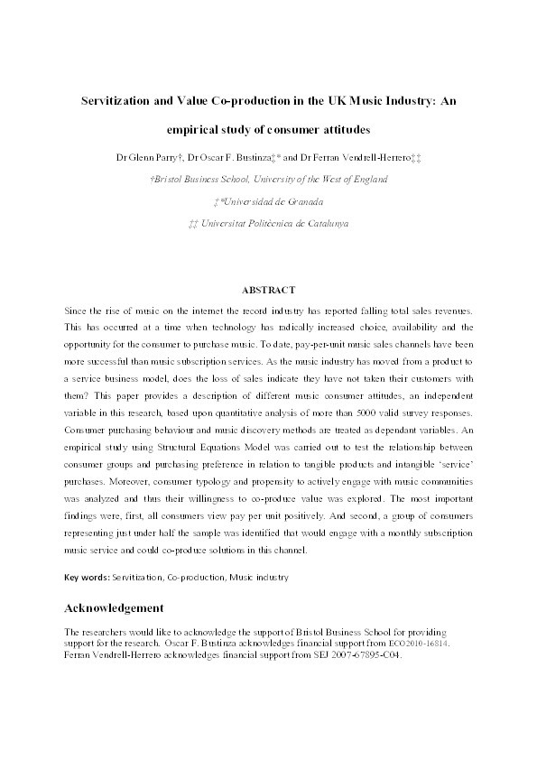 Servitisation and value co-production in the UK music industry: An empirical study of Consumer Attitudes Thumbnail