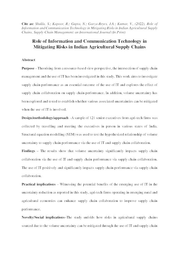 Role of information and communication technology in mitigating risks in Indian agricultural supply chains Thumbnail