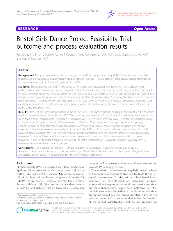 Bristol Girls Dance Project Feasibility Trial: Outcome and process evaluation results Thumbnail