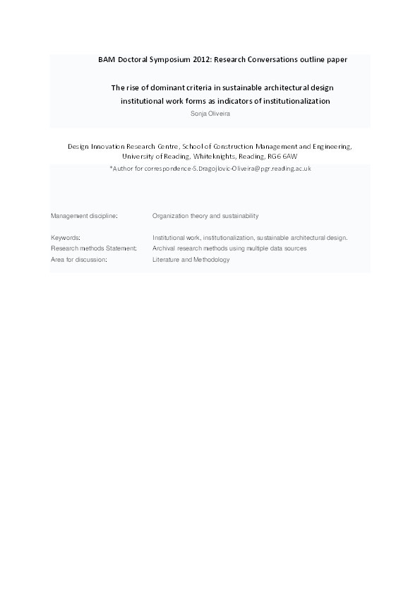 The rise of dominant criteria in sustainable architectural design: Institutional work forms as indicators for institutionalization Thumbnail