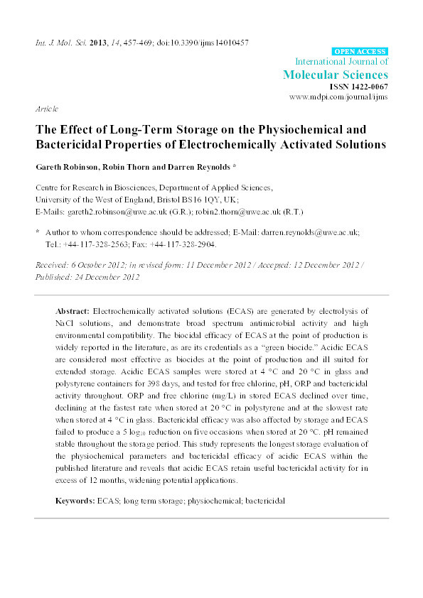 The effect of long-term storage on the physiochemical and bactericidal properties of electrochemically activated solutions Thumbnail