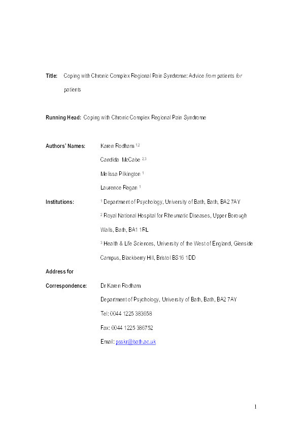 Coping with chronic complex regional pain syndrome: Advice from patients for patients Thumbnail