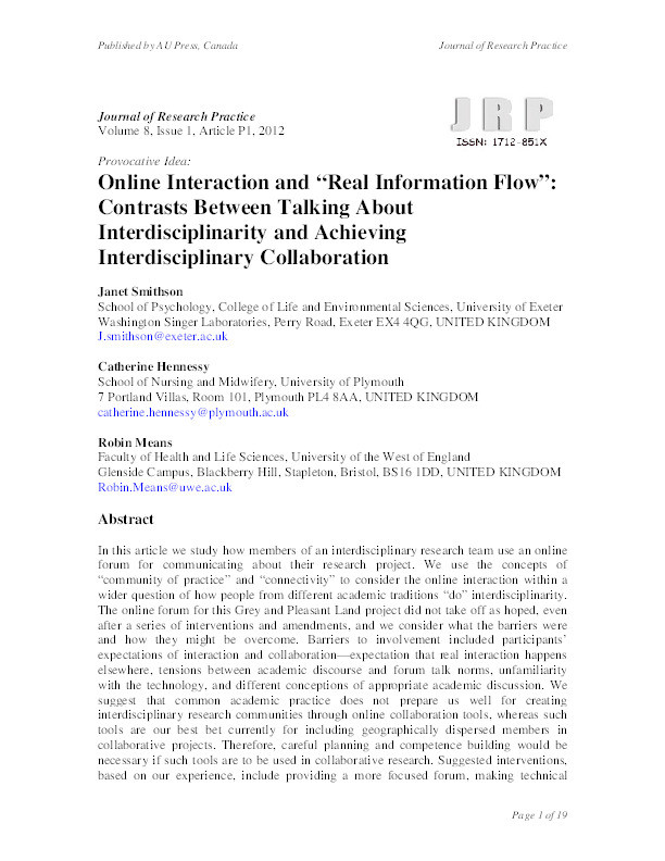 Online interaction and "real information flow": Contrasts between talking about interdisciplinarity and achieving interdisciplinary collaboration Thumbnail