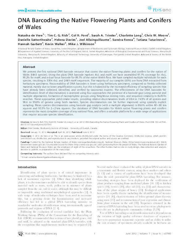 DNA barcoding the native flowering plants and conifers of wales Thumbnail