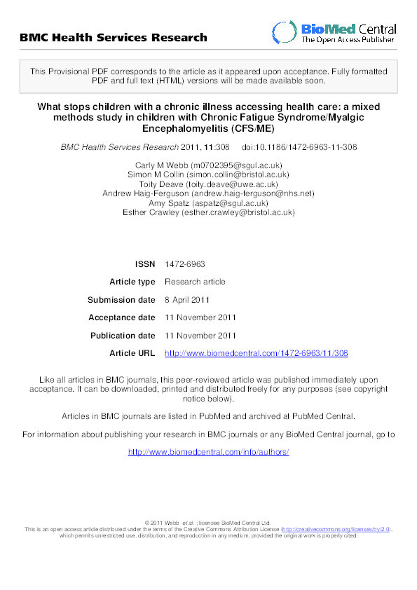 What stops children with a chronic illness accessing health care: A mixed methods study in children with Chronic Fatigue Syndrome/Myalgic Encephalomyelitis (CFS/ME) Thumbnail