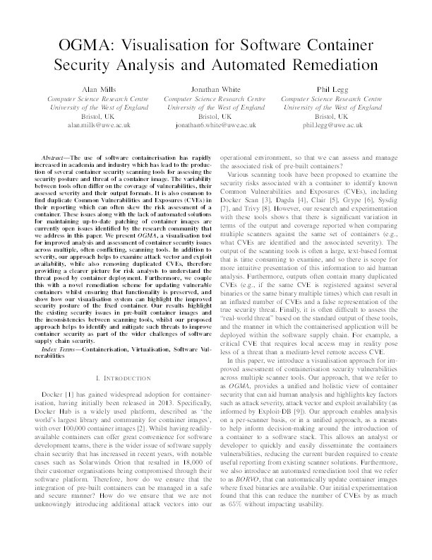 OGMA: Visualisation for software container security analysis and automated remediation Thumbnail