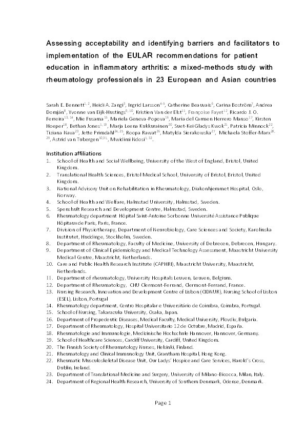 Assessing acceptability and identifying barriers and facilitators to implementation of the EULAR recommendations for patient education in inflammatory arthritis: a mixed-methods study with rheumatology professionals in 23 European and Asian countries Thumbnail