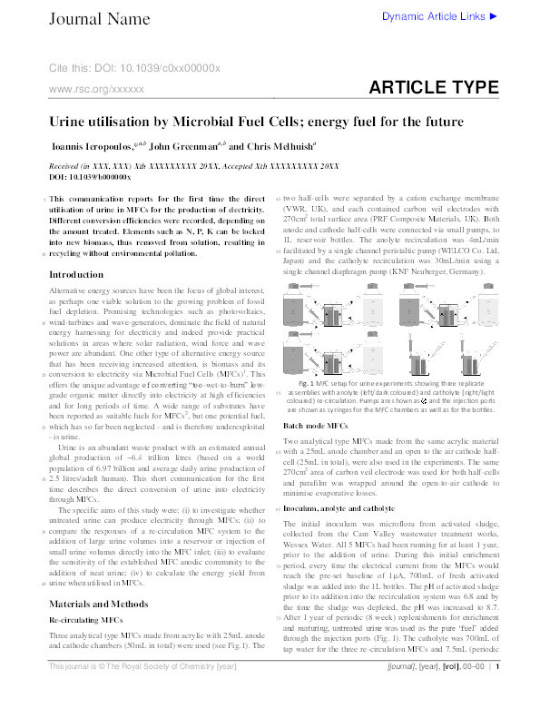 Urine utilisation by microbial fuel cells; Energy fuel for the future Thumbnail