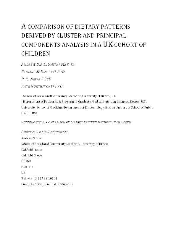 A comparison of dietary patterns derived by cluster and principal components analysis in a UK cohort of children Thumbnail