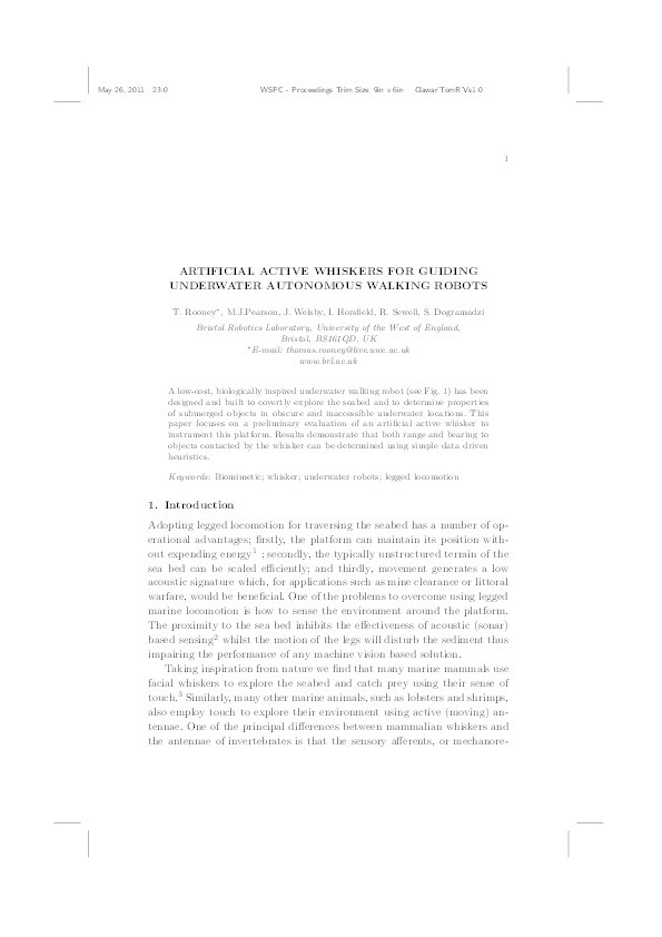 Artificial active whiskers for guiding underwater autonomous walking robots Thumbnail