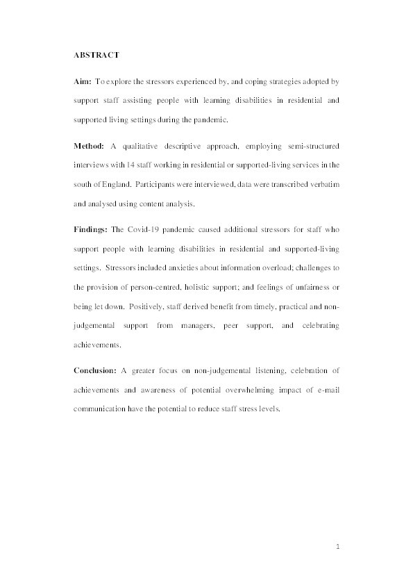 COVID-19-related stressors and coping strategies of support staff working with people with learning disabilities Thumbnail