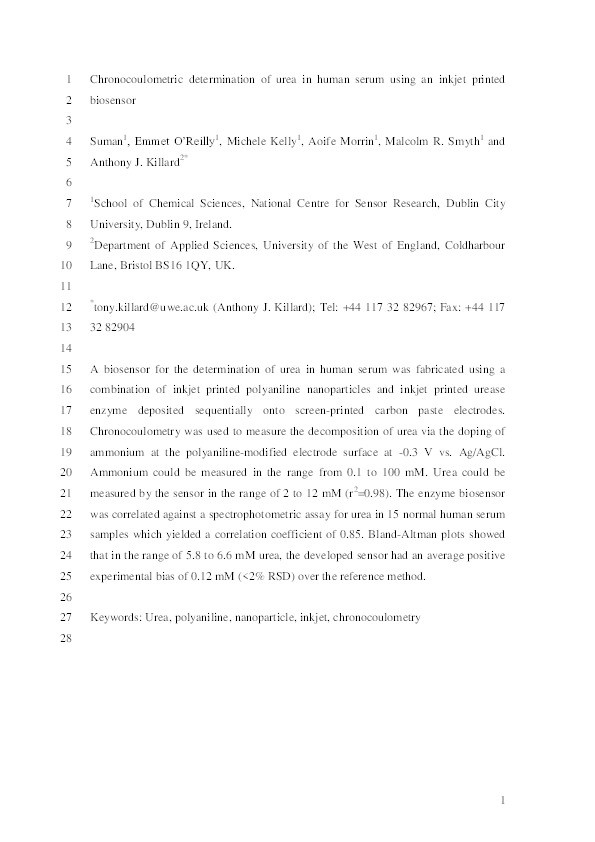 Chronocoulometric determination of urea in human serum using an inkjet printed biosensor Thumbnail