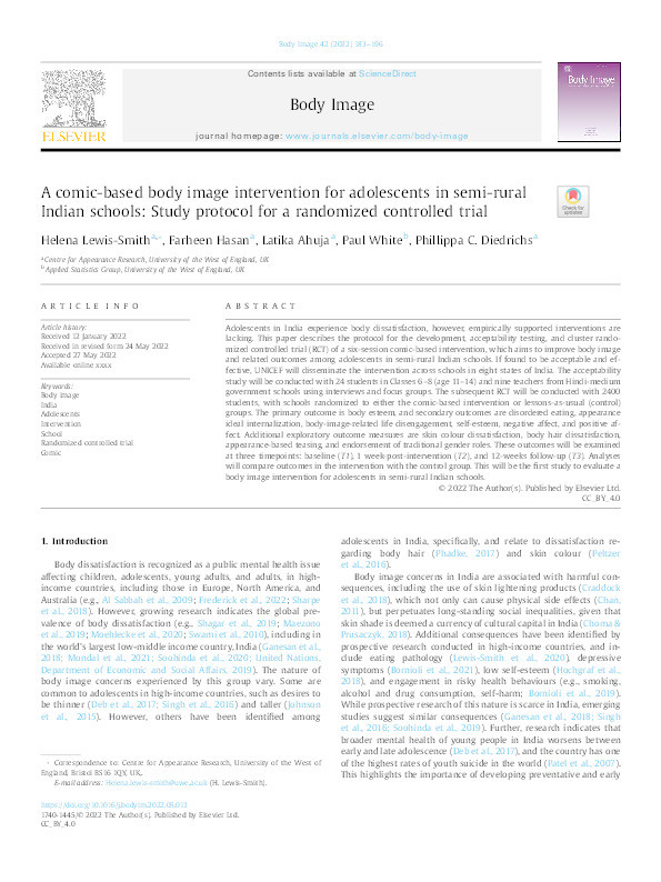 A comic-based body image intervention for adolescents in semi-rural Indian schools: Study protocol for a randomized controlled trial Thumbnail