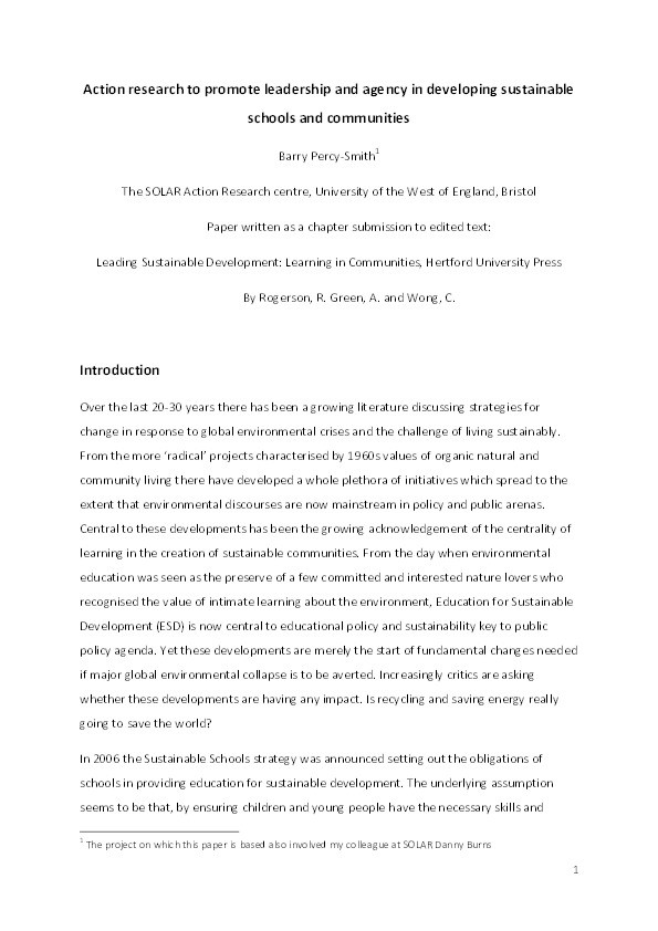 Action research to promote leadership and agency in developing sustainable schools and communities Thumbnail
