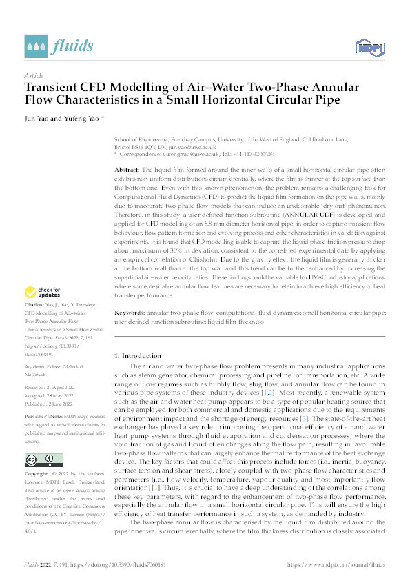 Transient CFD modelling of air–water two-phase annular flow characteristics in a small horizontal circular pipe Thumbnail