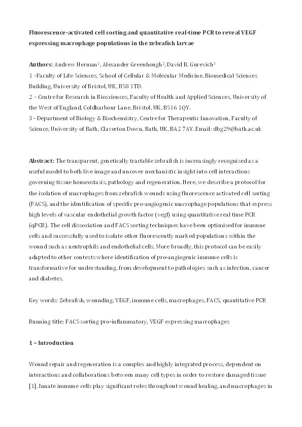 Fluorescence-activated cell sorting and quantitative real-time PCR to reveal VEGF-expressing macrophage populations in the Zebrafish larvae Thumbnail