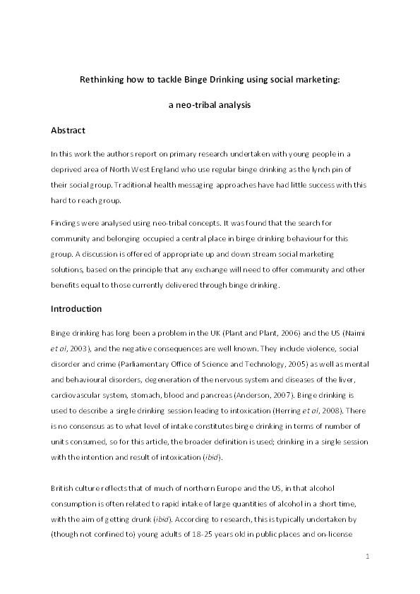 Rethinking how to tackle binge drinking using social marketing: A neotribal analysis Thumbnail