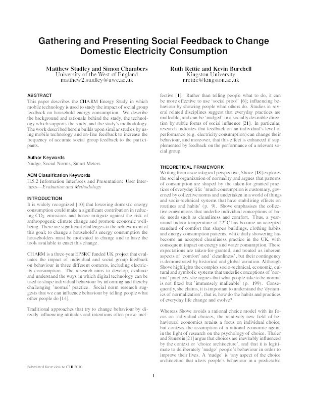 Gathering and presenting social feedback to change domestic electricity consumption Thumbnail