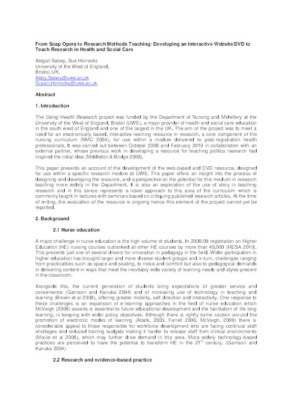 From soap opera to research methods teaching: Developing an interactive website/DVD to teach research in health and social care Thumbnail