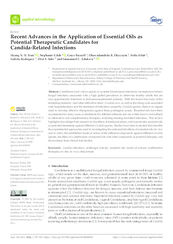 Recent advances in the application of essential oils as potential therapeutic candidates for Candida-related infections Thumbnail