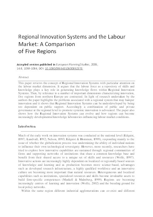 Regional innovation systems and the labour market: A comparison of five regions Thumbnail