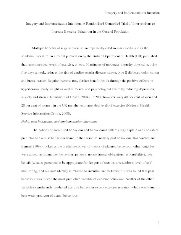 Imagery and implementation intention: A randomised controlled trial of interventions to increase exercise behaviour in the general population Thumbnail