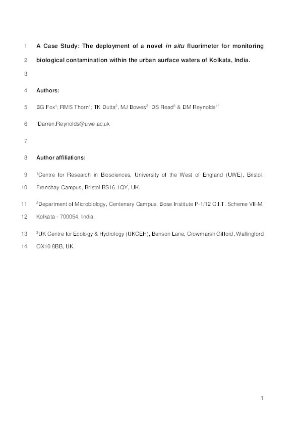 A case study: The deployment of a novel in situ fluorimeter for monitoring biological contamination within the urban surface waters of Kolkata, India Thumbnail