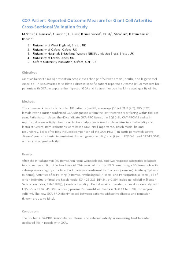 CO7 Patient reported outcome measure for giant cell arteritis: cross-sectional validation study Thumbnail