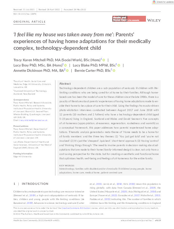 ‘I feel like my house was taken away from me’: Parents' experiences of having home adaptations for their medically complex, technology-dependent child Thumbnail