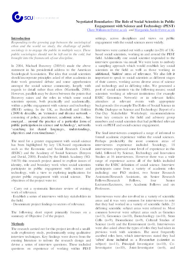 Negotiated boundaries: The role of social scientists in Public Engagement with Science and Technology (PEST) Thumbnail