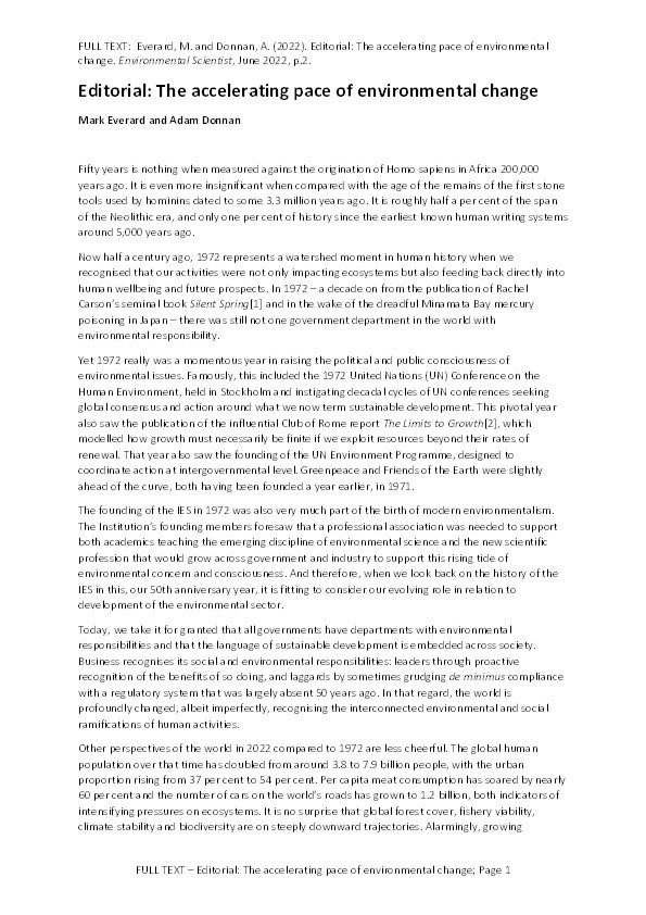 Editorial: The accelerating pace of environmental change Thumbnail