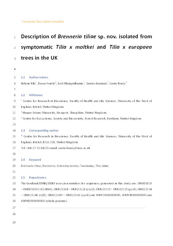 Brenneria tiliae sp. nov., isolated from symptomatic Tilia × moltkei and Tilia × europaea trees in the UK Thumbnail