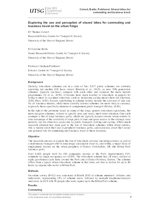 Exploring the use and perception of shared bikes for commuting and business travel on the urban fringe Thumbnail