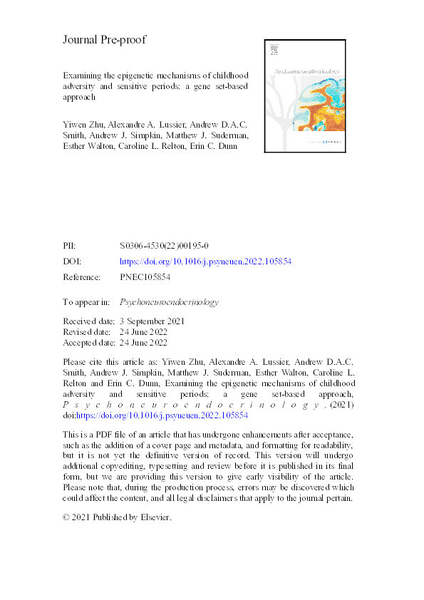 Examining the epigenetic mechanisms of childhood adversity and sensitive periods: A gene set-based approach Thumbnail