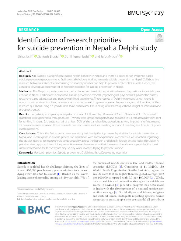 Identification of research priorities for suicide prevention in Nepal: A Delphi study Thumbnail