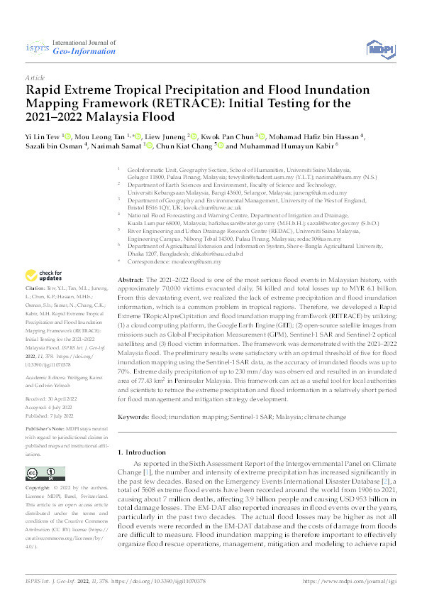 Rapid extreme tropical precipitation and flood inundation mapping (flood-tropical) framework: initial testing for the 2021-2022 Malaysia flood Thumbnail