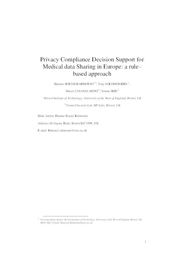 A model-driven privacy compliance decision support for medical data sharing in Europe Thumbnail