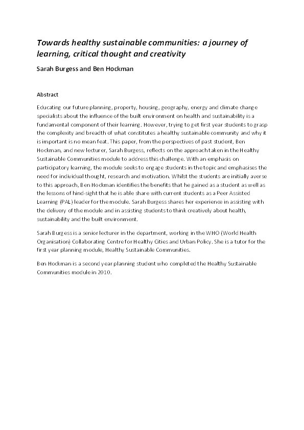 Towards healthy sustainable communities: A journey of learning, critical thought and creativity Thumbnail